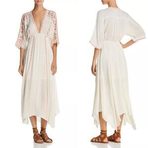 En Creme Ivory and Red V-Neck Embroidered Midi Dress with Handkerchief Hem Small